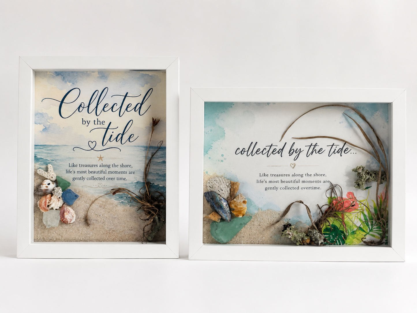 Collected by the Tide Coastal Shadow Box Art – Handmade Sea Glass & Shell Wall Décor – 8x10 White Framed Beach Artwork