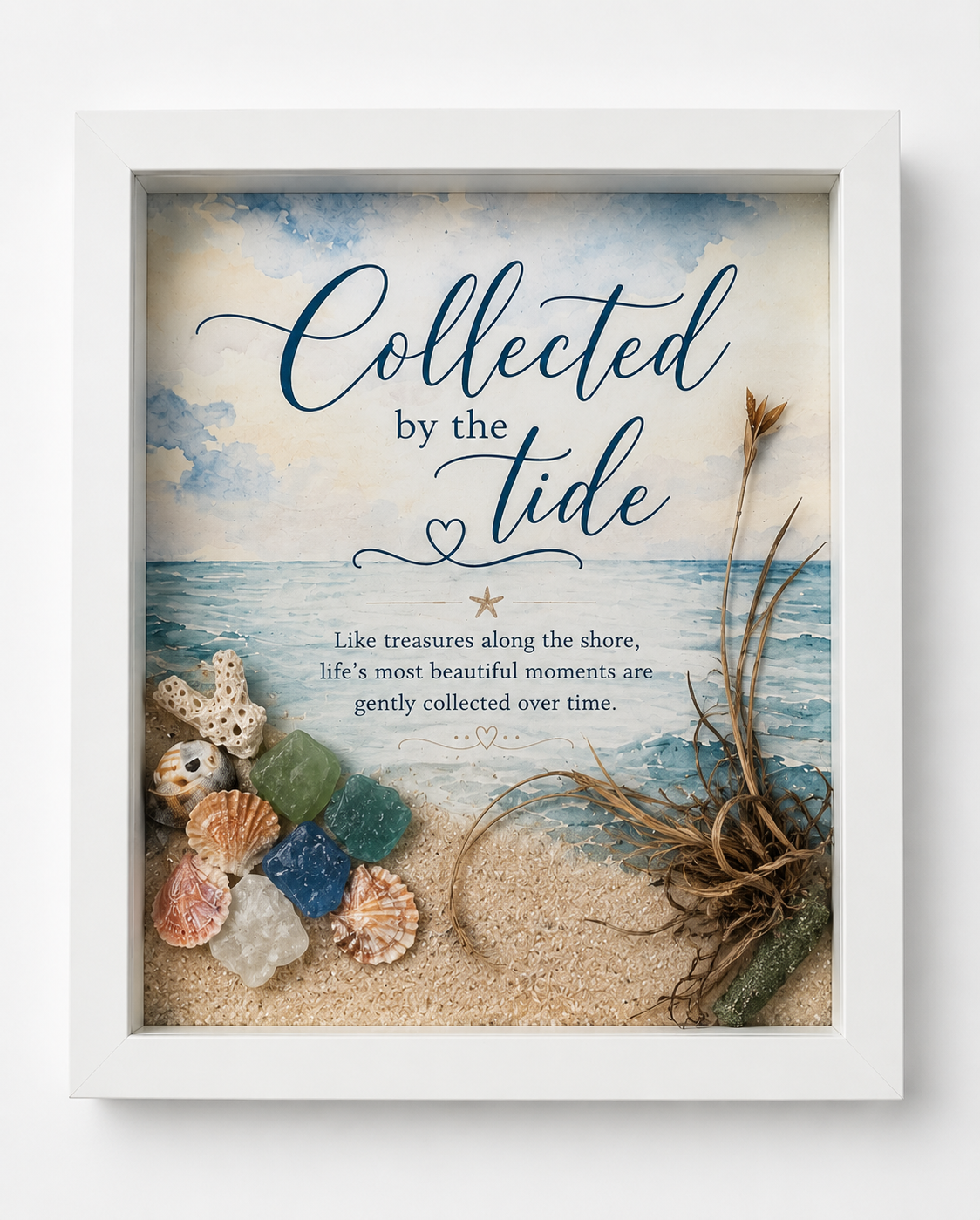 Collected by the Tide Coastal Shadow Box Art – Handmade Sea Glass & Shell Wall Décor – 8x10 White Framed Beach Artwork