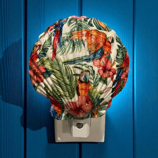 Scallop Nightlight- Tropical Parrots- Auto Sensor On/Off LED- Beach Home Decor