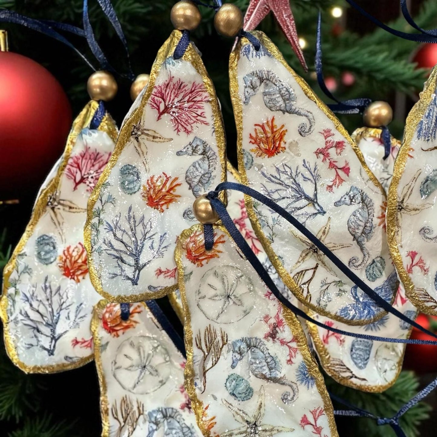 Cardinal Oyster Shell Ornament – Gold-Gilded Memorial Décor – Christmas Ornament Gift Boxed with Tag – Coastal Holiday Keepsake- GIFT