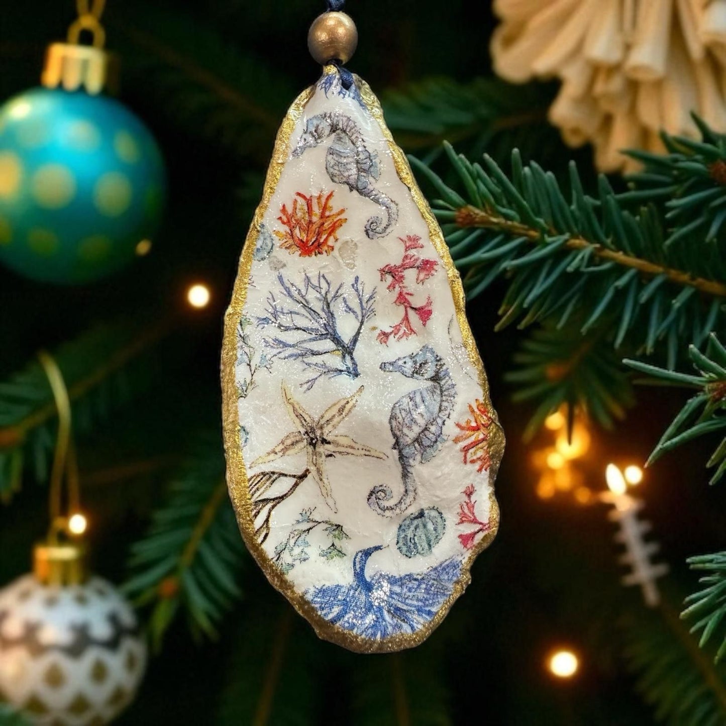 Cardinal Oyster Shell Ornament – Gold-Gilded Memorial Décor – Christmas Ornament Gift Boxed with Tag – Coastal Holiday Keepsake- GIFT