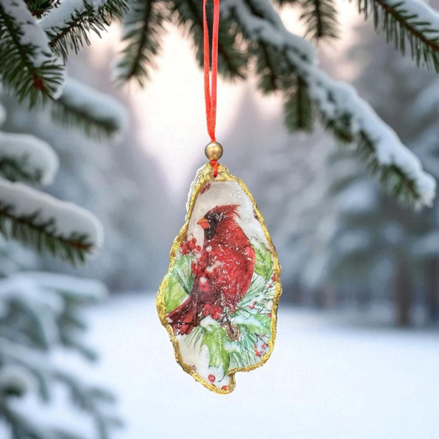 Cardinal Oyster Shell Ornament – Gold-Gilded Memorial Décor – Christmas Ornament Gift Boxed with Tag – Coastal Holiday Keepsake- GIFT