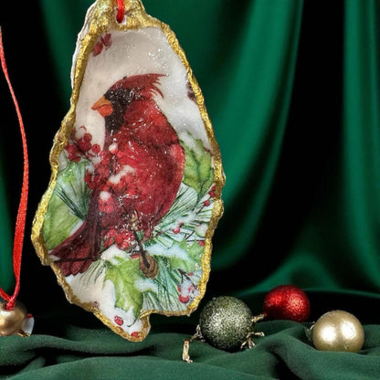 Cardinal Oyster Shell Ornament – Gold-Gilded Memorial Décor – Christmas Ornament Gift Boxed with Tag – Coastal Holiday Keepsake- GIFT