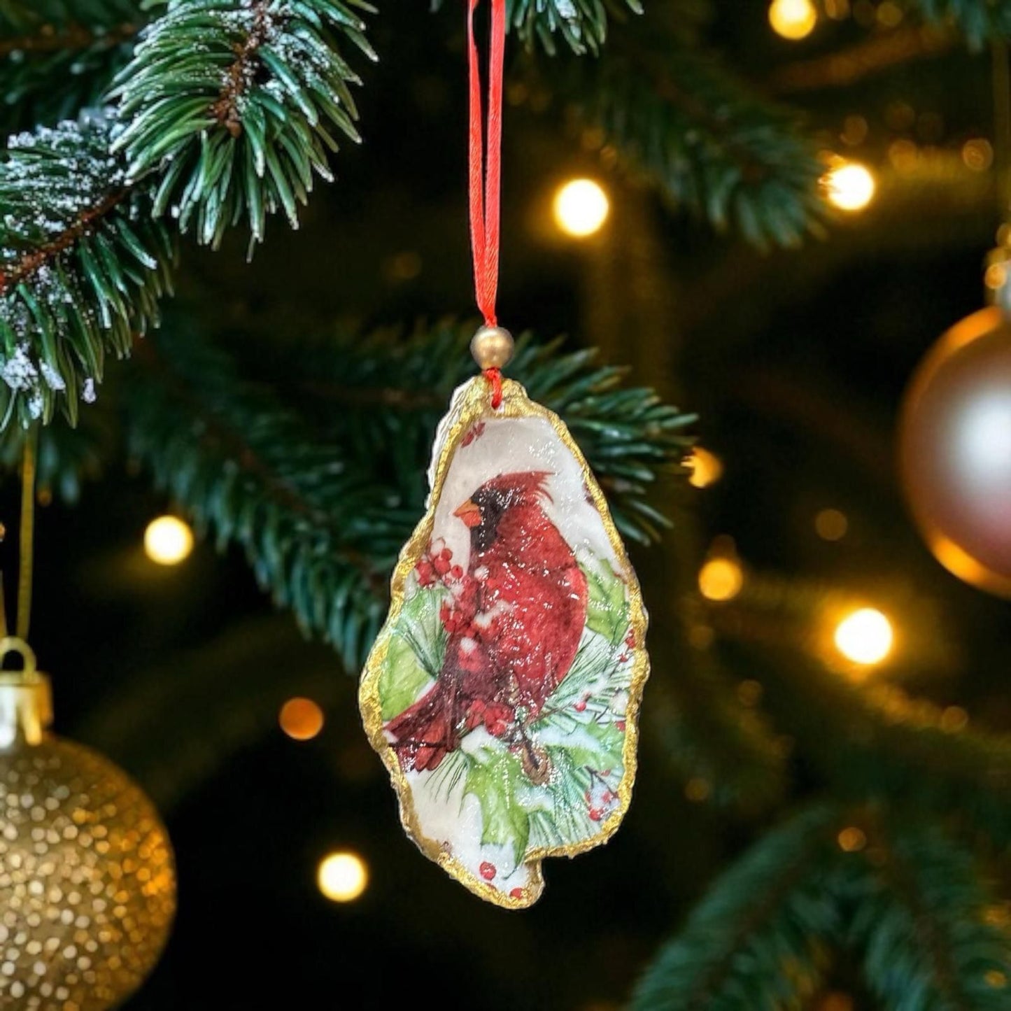 Cardinal Oyster Shell Ornament – Gold-Gilded Memorial Décor – Christmas Ornament Gift Boxed with Tag – Coastal Holiday Keepsake- GIFT