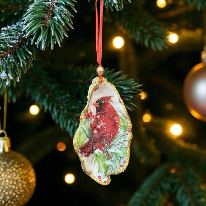 Cardinal Oyster Shell Ornament – Gold-Gilded Memorial Décor – Christmas Ornament Gift Boxed with Tag – Coastal Holiday Keepsake- GIFT