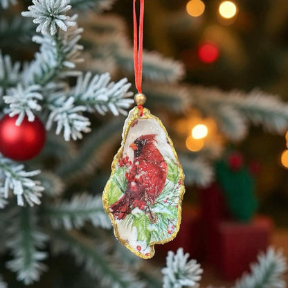 Cardinal Oyster Shell Ornament – Gold-Gilded Memorial Décor – Christmas Ornament Gift Boxed with Tag – Coastal Holiday Keepsake- GIFT