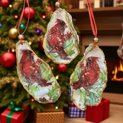 Cardinal Oyster Shell Ornament – Gold-Gilded Memorial Décor – Christmas Ornament Gift Boxed with Tag – Coastal Holiday Keepsake- GIFT