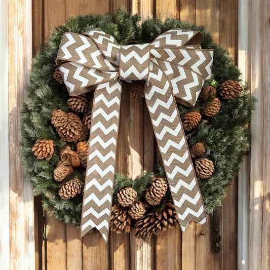 Chevron Burlap Wired Ribbon Bow – 14"x20" Removable Wreath Bow with Floral Wire for Seasonal Front Door & Home Decor Accents