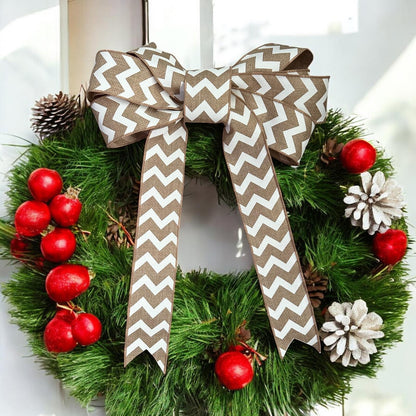 Chevron Burlap Wired Ribbon Bow – 14"x20" Removable Wreath Bow with Floral Wire for Seasonal Front Door & Home Decor Accents