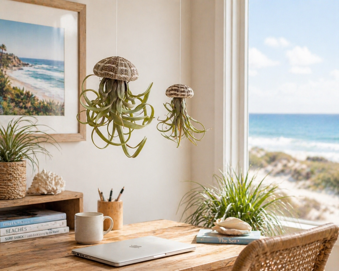 Natural Sea Urchin or Harp Shell Hanging Air Plant Streptophylla Beach Decor