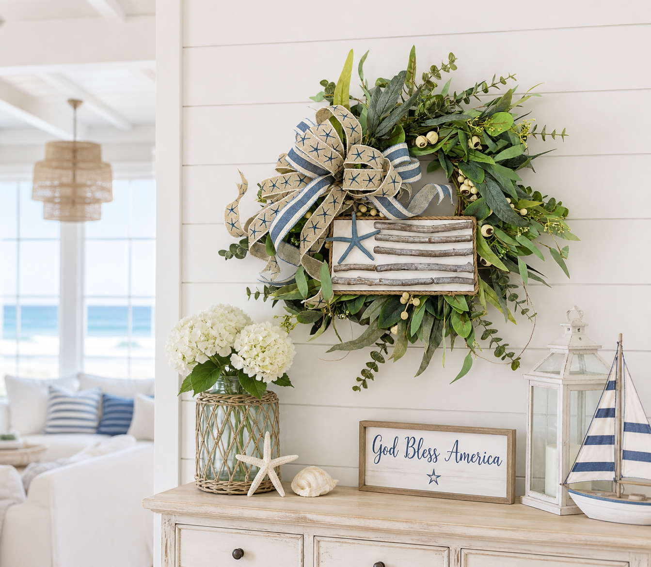 Coastal Driftwood American Flag Wreath with Removable Flag Sign- Hand-made
