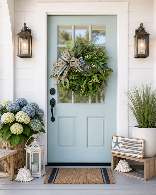 Handmade Coastal Patriotic Wreath with Removable Wooden Flag Sign | 18" Greenery Wreath | Natural Starfish & Jute Rope Americana Door Decor