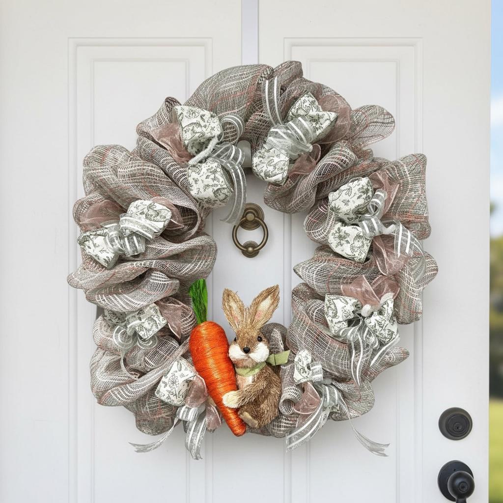 Artisan Spring Bunny Wreath – Neutral Burlap Mesh Easter Door Decor