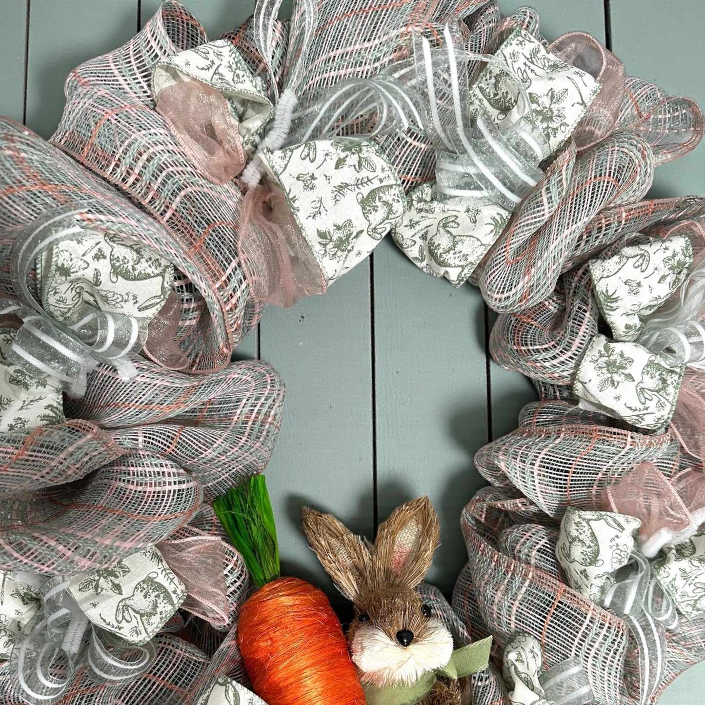 Artisan Spring Bunny Wreath – Neutral Burlap Mesh Easter Door Decor