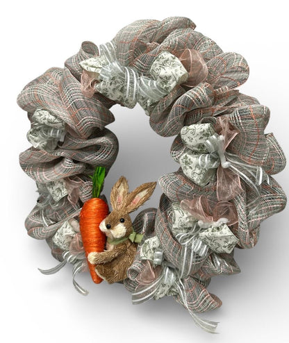 Artisan Spring Bunny Wreath – Neutral Burlap Mesh Easter Door Decor