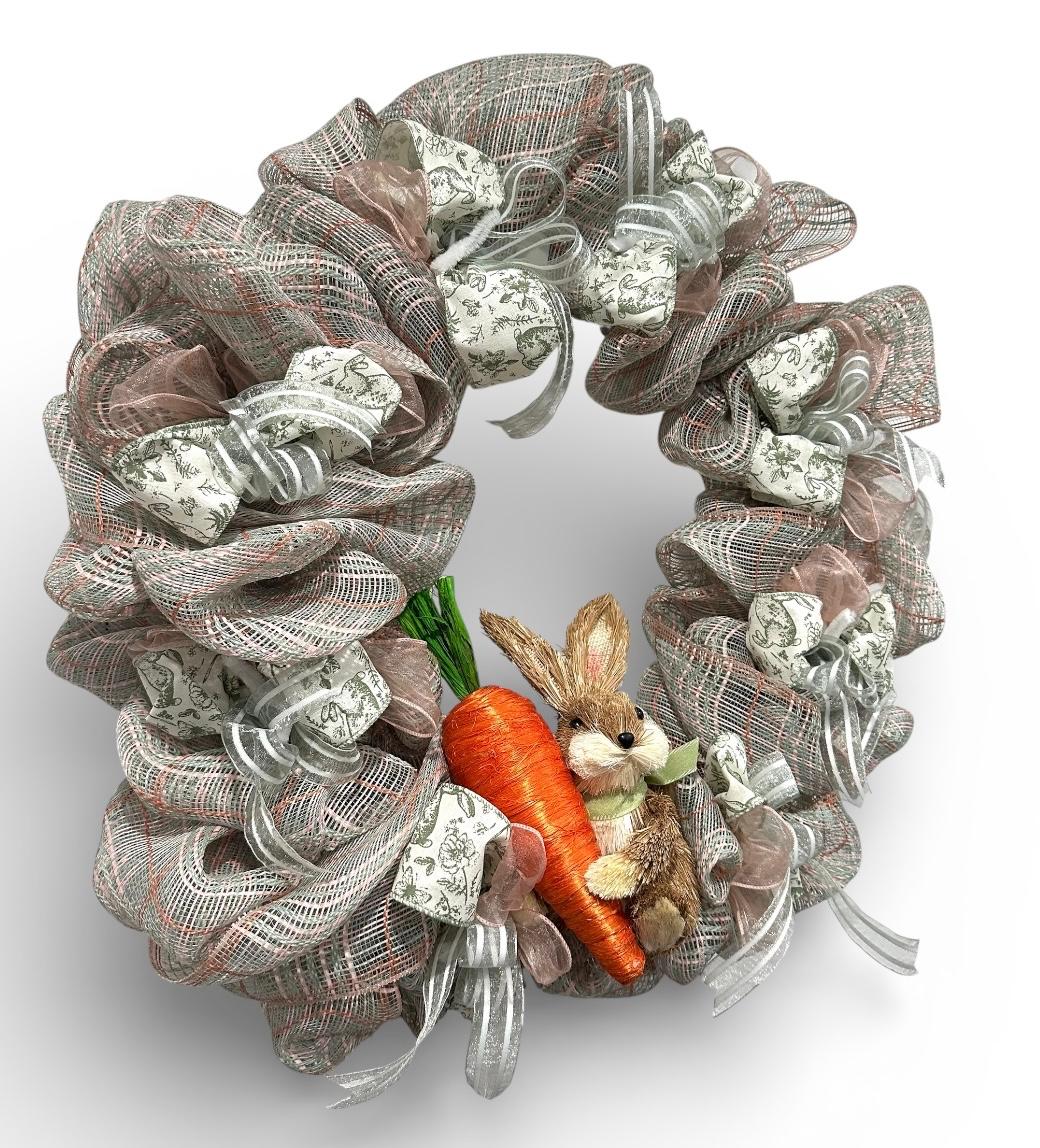 Artisan Spring Bunny Wreath – Neutral Burlap Mesh Easter Door Decor