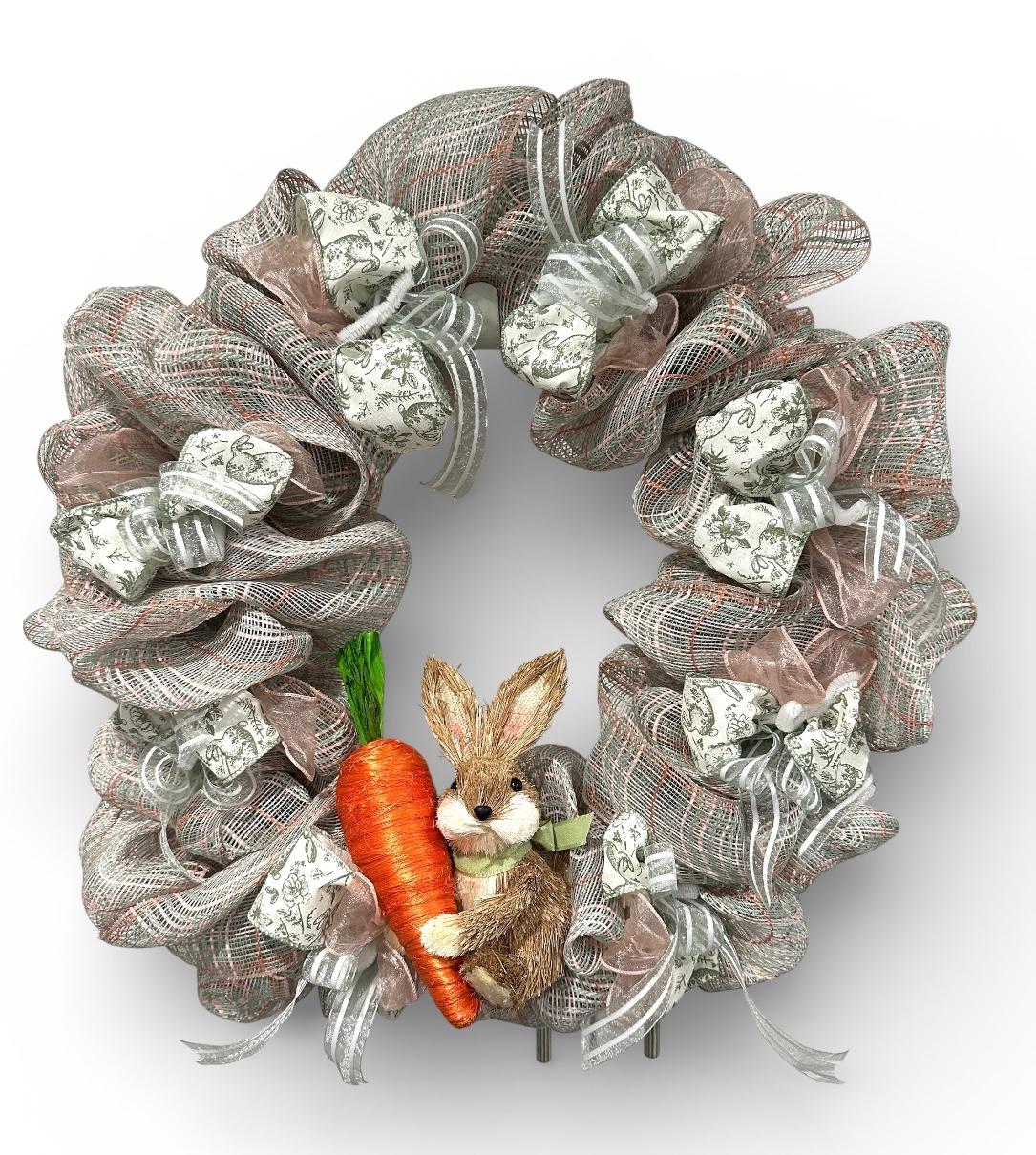 Artisan Spring Bunny Wreath – Neutral Burlap Mesh Easter Door Decor