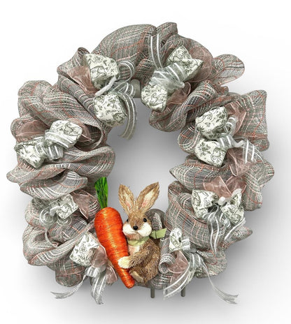 Artisan Spring Bunny Wreath – Neutral Burlap Mesh Easter Door Decor