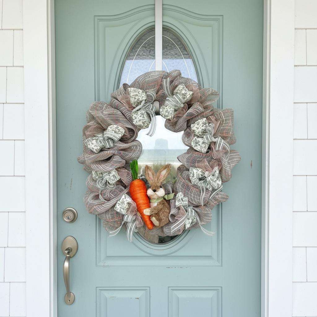 Artisan Spring Bunny Wreath – Neutral Burlap Mesh Easter Door Decor