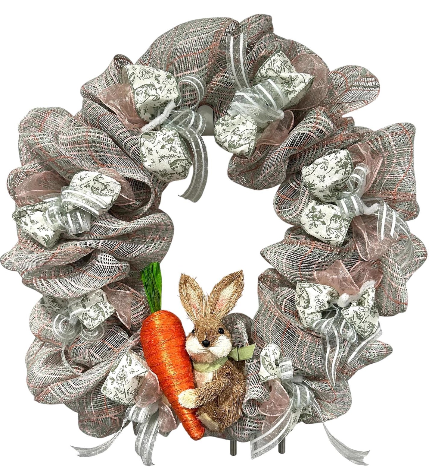 Artisan Spring Bunny Wreath – Neutral Burlap Mesh Easter Door Decor