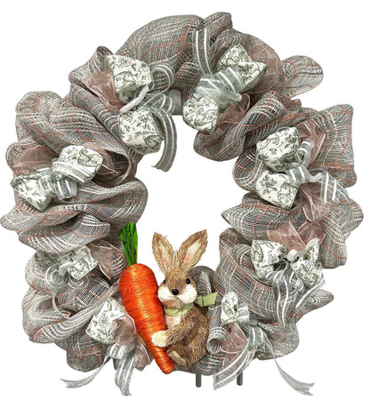 Artisan Spring Bunny Wreath – Neutral Burlap Mesh Easter Door Decor