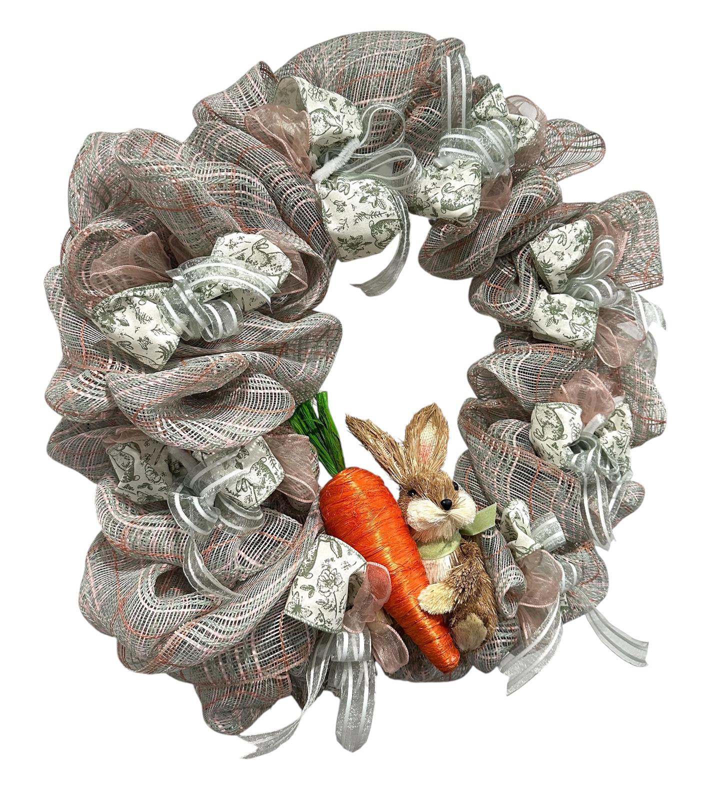 Artisan Spring Bunny Wreath – Neutral Burlap Mesh Easter Door Decor