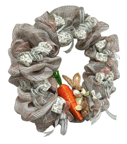 Artisan Spring Bunny Wreath – Neutral Burlap Mesh Easter Door Decor