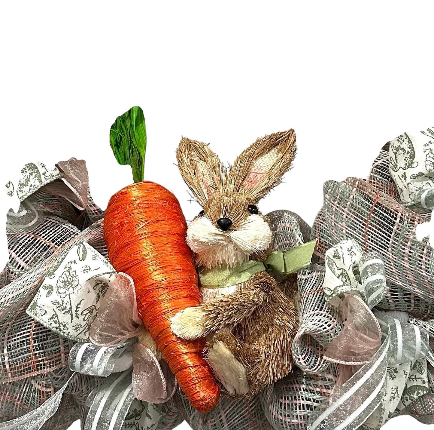 Artisan Spring Bunny Wreath – Neutral Burlap Mesh Easter Door Decor