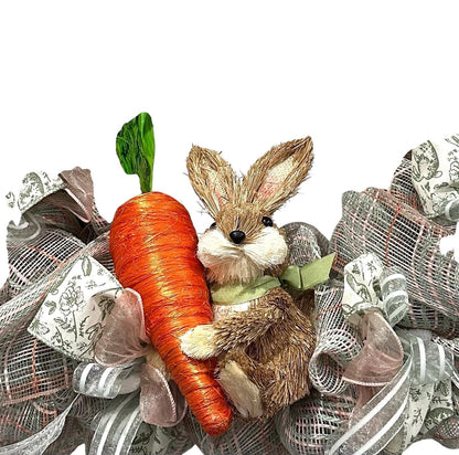 Artisan Spring Bunny Wreath – Neutral Burlap Mesh Easter Door Decor