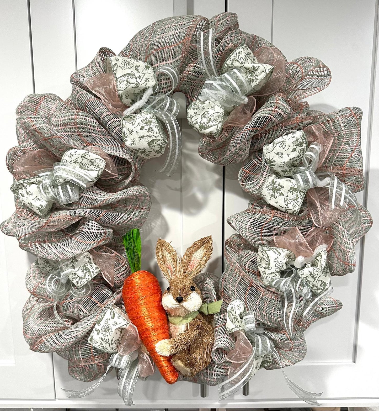 Artisan Spring Bunny Wreath – Neutral Burlap Mesh Easter Door Decor