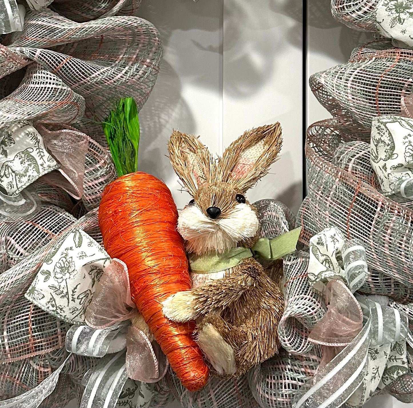 Artisan Spring Bunny Wreath – Neutral Burlap Mesh Easter Door Decor