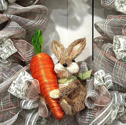 Artisan Spring Bunny Wreath – Neutral Burlap Mesh Easter Door Decor