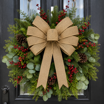 Handmade Wired Burlap Bow for Wreaths & Farmhouse Decor – 15” Wide Rustic Bow with 8 Loops, 1.5” Burlap Ribbon & Two 10” Tails – Front Door, Wedding Pew, Lantern & Porch Decoration
