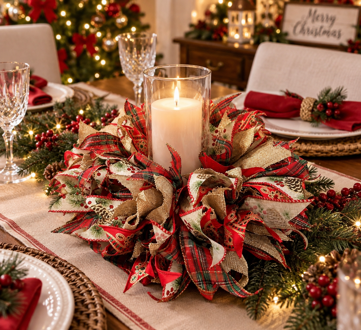 Handmade Christmas Ribbon Wreath Centerpiece with Glass Candle Holder – 8" Base