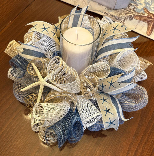Dillards Instructional Class- Create a Coastal Hurricane Candle Centerpiece | Ribbon & Deco Mesh Workshop