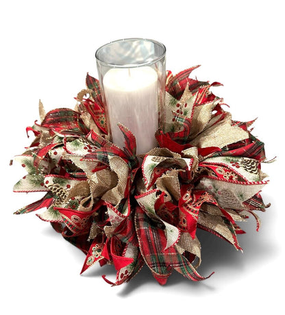 Handmade Christmas Ribbon Wreath Centerpiece with Glass Candle Holder – 8" Base