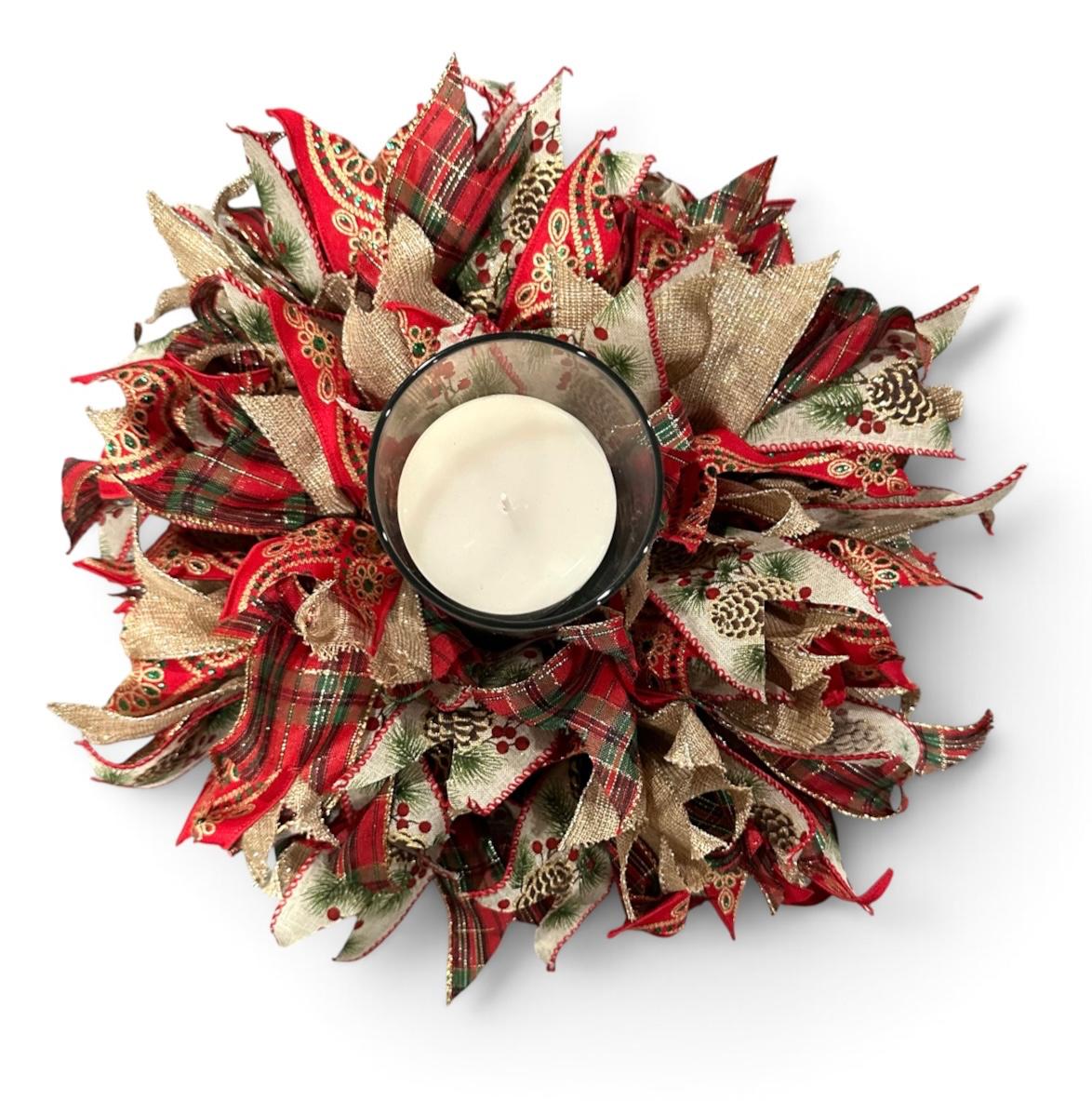 Handmade Christmas Ribbon Wreath Centerpiece with Glass Candle Holder – 8" Base