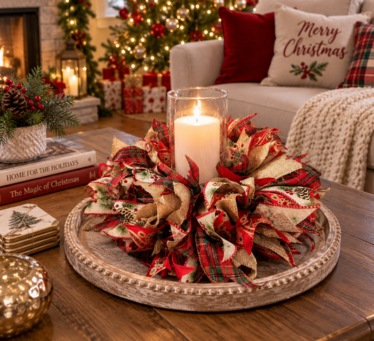 Handmade Christmas Ribbon Wreath Centerpiece with Glass Candle Holder – 8" Base