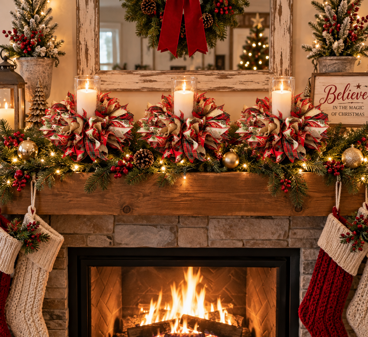 Handmade Christmas Ribbon Wreath Centerpiece with Glass Candle Holder – 8" Base