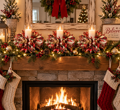 Handmade Christmas Ribbon Wreath Centerpiece with Glass Candle Holder – 8" Base