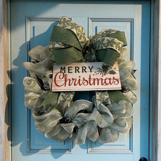 Handmade Mesh Burlap Christmas Wreath with Wooden “Merry Christmas” Sign | 18” Frame (Fluffs to 20”) | Farmhouse Holiday Door Décor