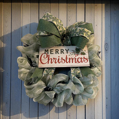 Handmade Mesh Burlap Christmas Wreath with Wooden “Merry Christmas” Sign | 18” Frame (Fluffs to 20”) | Farmhouse Holiday Door Décor