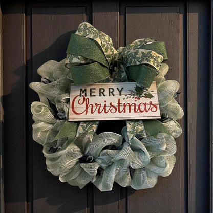 Handmade Mesh Burlap Christmas Wreath with Wooden “Merry Christmas” Sign | 18” Frame (Fluffs to 20”) | Farmhouse Holiday Door Décor