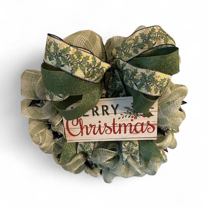 Handmade Mesh Burlap Christmas Wreath with Wooden “Merry Christmas” Sign | 18” Frame (Fluffs to 20”) | Farmhouse Holiday Door Décor