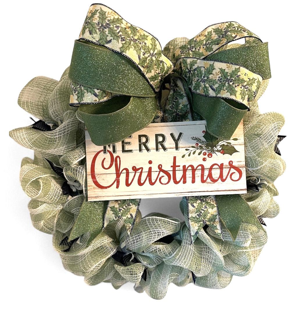 Handmade Mesh Burlap Christmas Wreath with Wooden “Merry Christmas” Sign | 18” Frame (Fluffs to 20”) | Farmhouse Holiday Door Décor