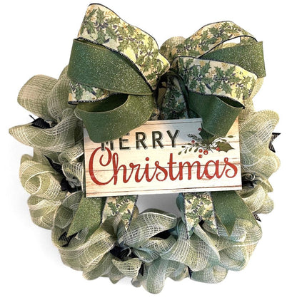 Handmade Mesh Burlap Christmas Wreath with Wooden “Merry Christmas” Sign | 18” Frame (Fluffs to 20”) | Farmhouse Holiday Door Décor