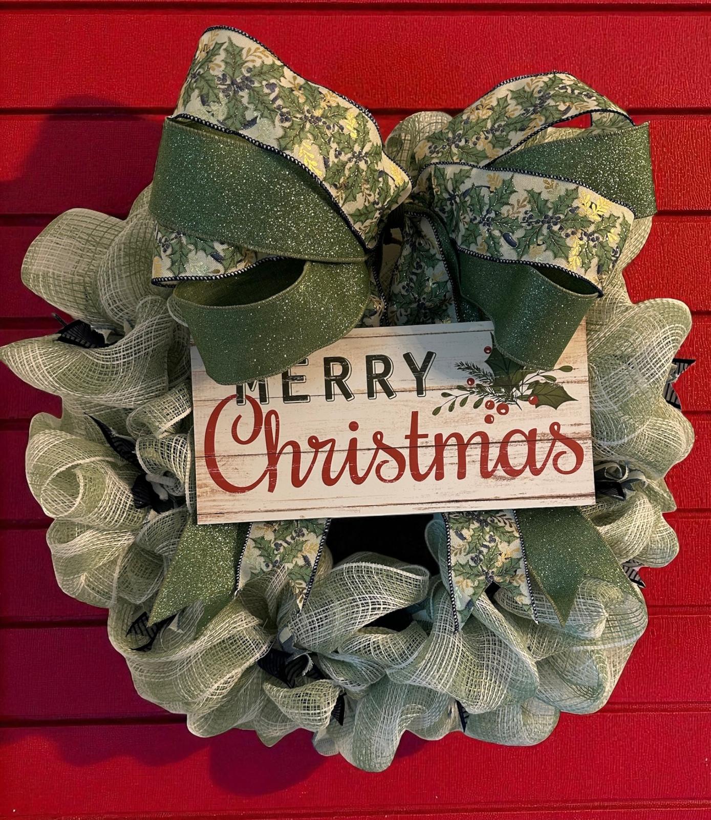 Handmade Mesh Burlap Christmas Wreath with Wooden “Merry Christmas” Sign | 18” Frame (Fluffs to 20”) | Farmhouse Holiday Door Décor