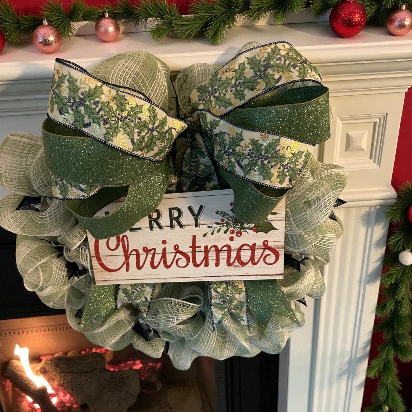 Handmade Mesh Burlap Christmas Wreath with Wooden “Merry Christmas” Sign | 18” Frame (Fluffs to 20”) | Farmhouse Holiday Door Décor