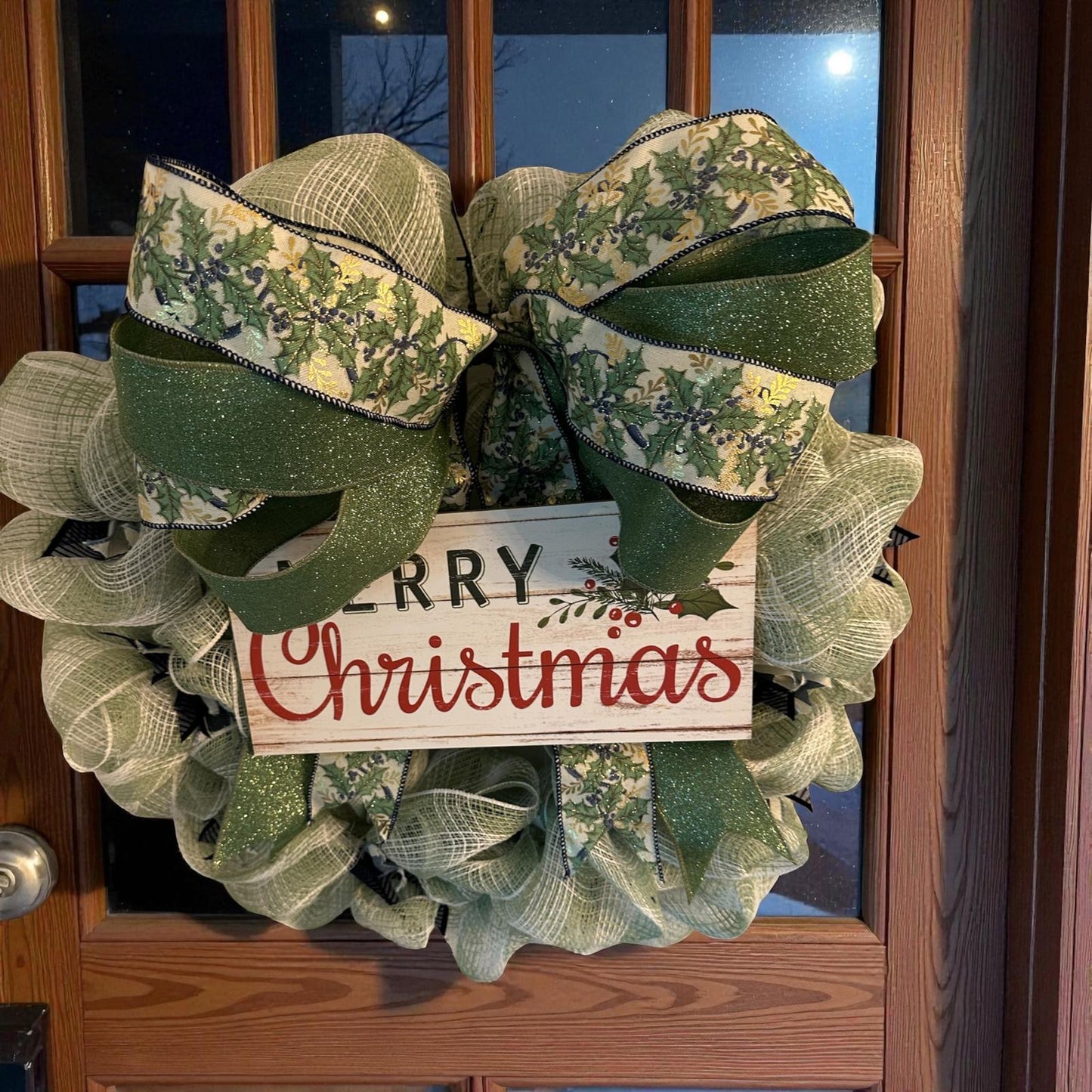 Handmade Mesh Burlap Christmas Wreath with Wooden “Merry Christmas” Sign | 18” Frame (Fluffs to 20”) | Farmhouse Holiday Door Décor