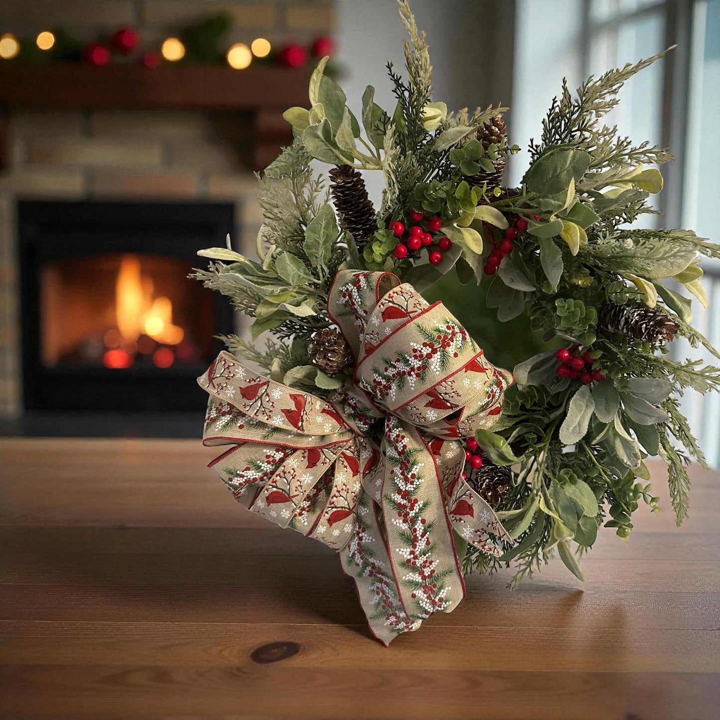 Handmade 18" Christmas Wreath (Fluffs to 20") with Cardinal Ribbon, Pinecones & Red Berries | Farmhouse Holiday Door Décor